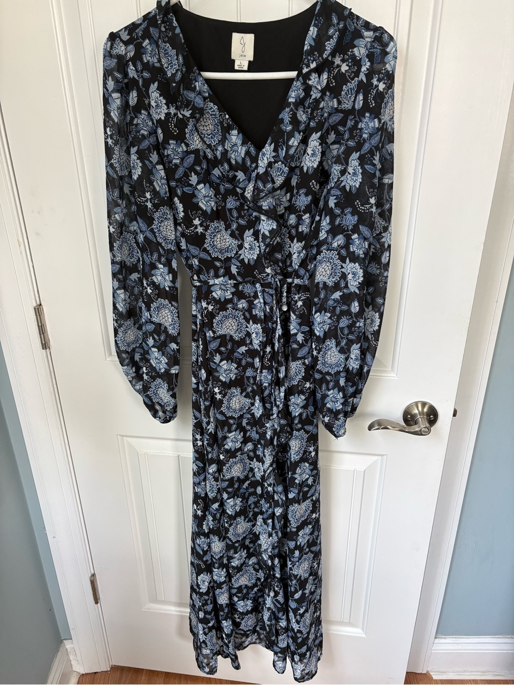 Joie Black and Blue Floral Long Sleeve Faux Wrap Maxi Dress